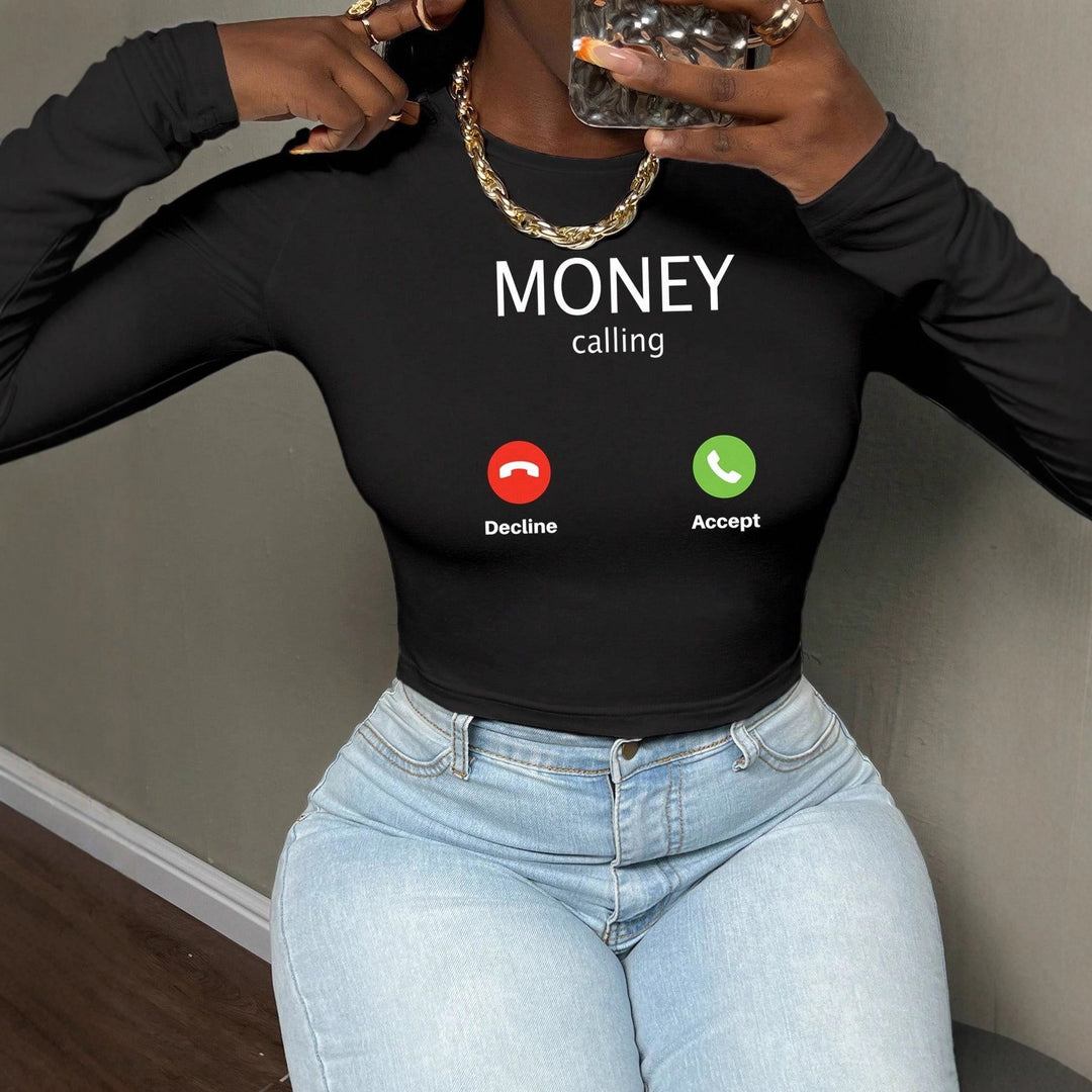Damen nan kurzes Cropped-Longsleeve mit auffälligem Statement-Print und Call-Icon-Design EB