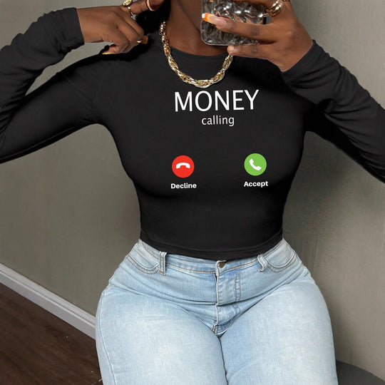 Damen nan kurzes Cropped-Longsleeve mit auffälligem Statement-Print und Call-Icon-Design EB