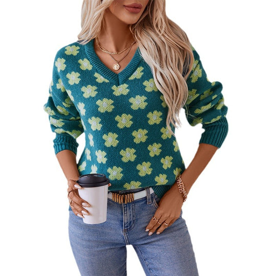 Damen Strickpullover mit floralem Muster und V-Ausschnitt EB