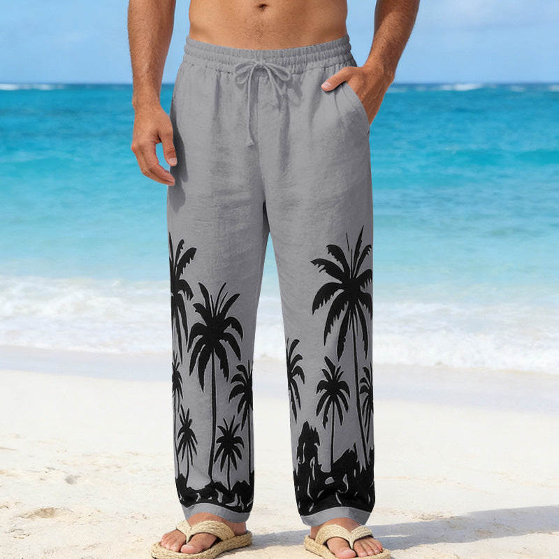 Herren Leinenoptik-Strandhose mit Palmenprint Relaxed-Fit und Kordelzug EB