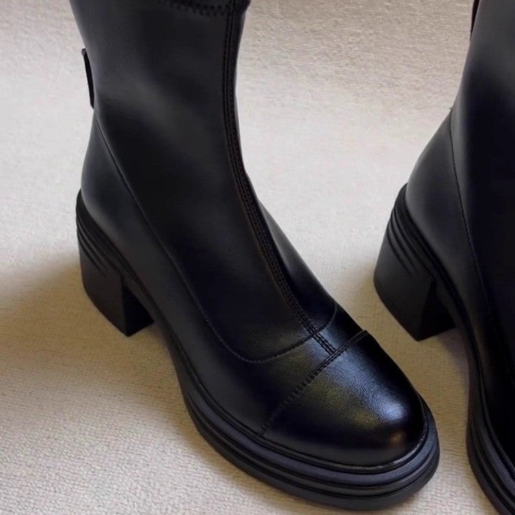 Damen Elegante und modische Stiefeletten mit hohem Blockabsatz und seitlichem Reißverschluss EB