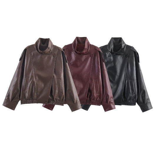 Damen nan oversized Bikerjacke Kunstlederoptik mit hohem Stehkragen, asymmetrischer Druckknopffront, Schulterriegeln und elastischem Saum EB