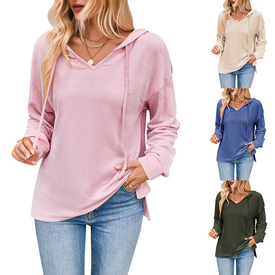 Damen lässiger Sweater mit V-Ausschnitt und Kordelzug EB