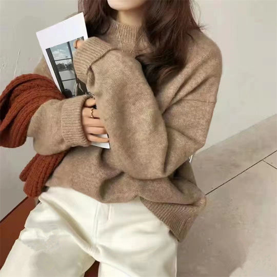 Damen Hochwertiger Strickpullover mit klassischem Rundhalsausschnitt und lässigem Schnitt EB