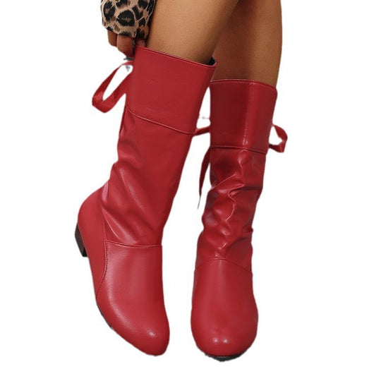 Damen nan schafthöhe Stiefel mit Raffung, rückseitiger Schnürung und niedrigem Blockabsatz EB