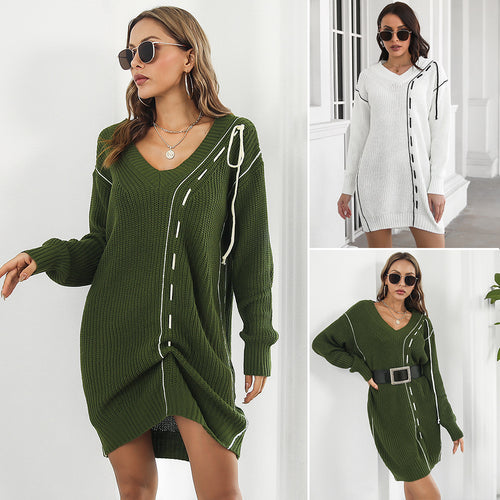 Damen Großer V-Ausschnitt Strickkleid mit dekorativen Nähten EB