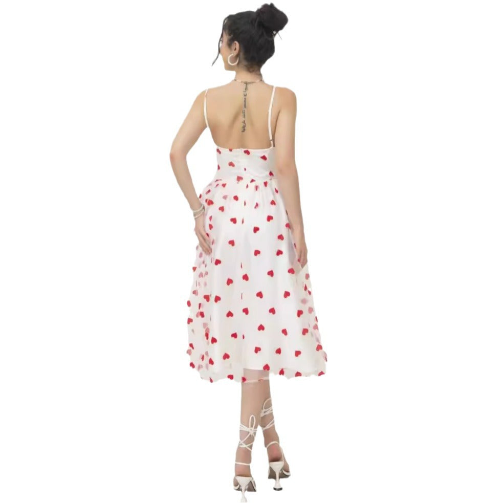 Damen romantisches A-Linien Kleid mit Herzmotiv und verstellbaren Trägern EB