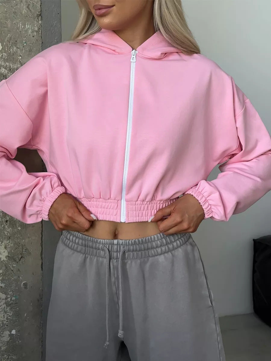 Damen Kurzgeschnittene Kapuzenjacke mit Reißverschluss, elastischem Bund und legerer Passform EB