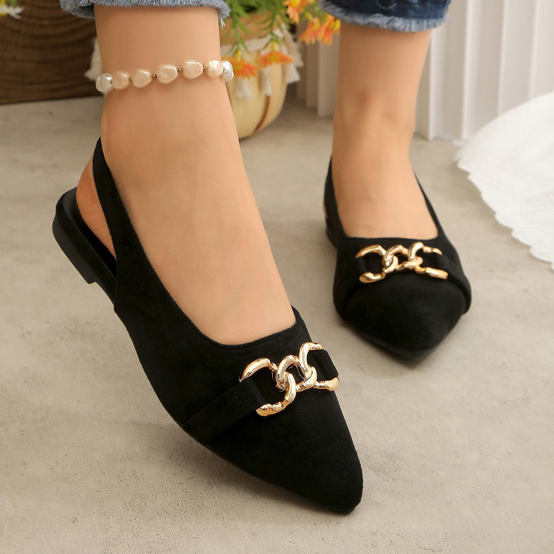 Damen Ballerinas mit Fersenriemen, spitzer Kappe und goldener Kettenverzierung EB