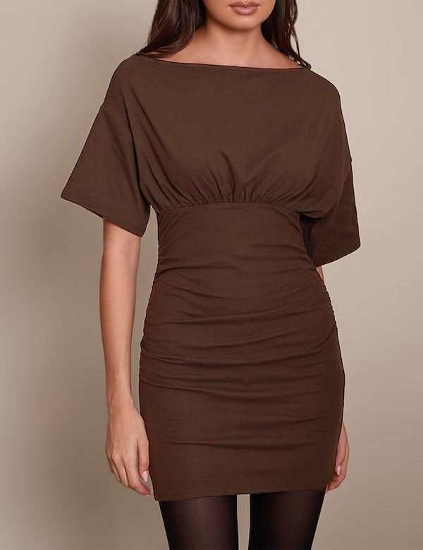 Damen figurbetontes Wickelkleid mit Raffungen und weiten Ärmeln EB