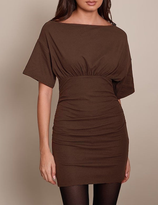 Damen figurbetontes Wickelkleid mit Raffungen und weiten Ärmeln EB