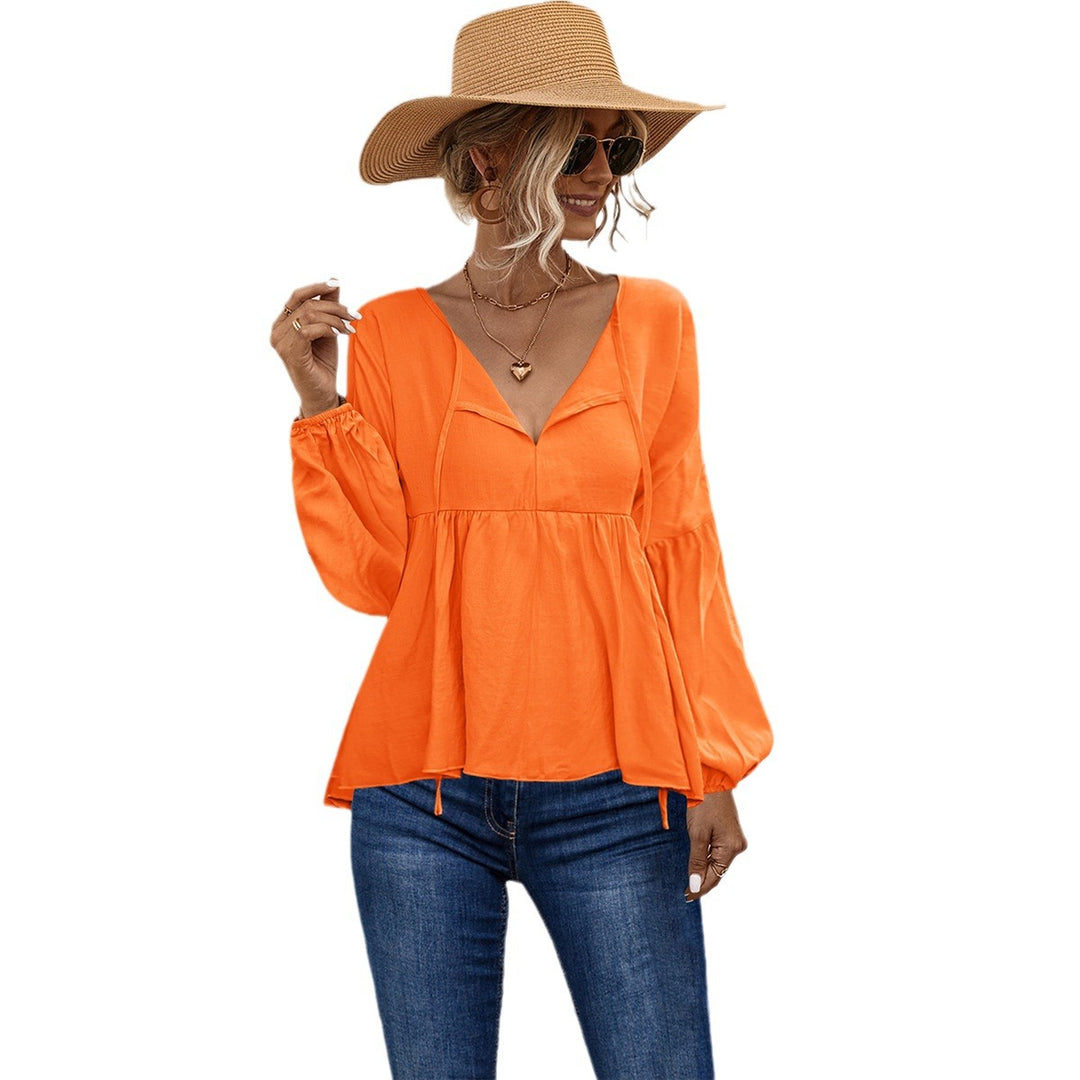 Damen lässige Bluse mit V-Ausschnitt und langen Puffärmeln EB