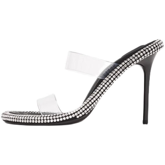 Damen transparente High Heel Sandalen mit funkelnden Strassdetails EB