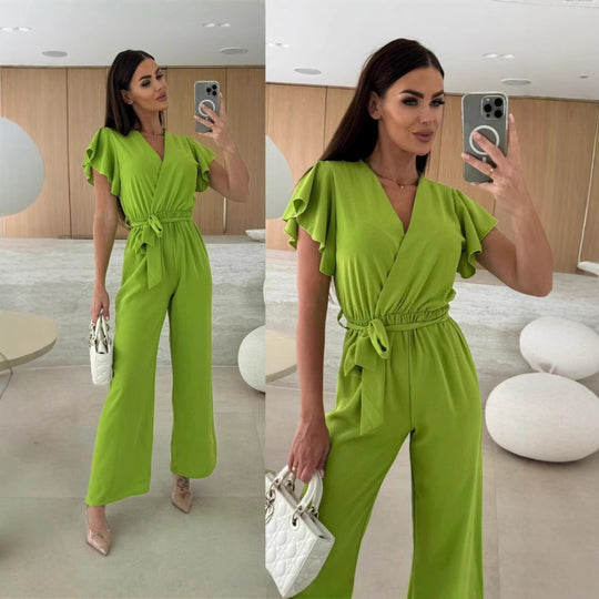Damen eleganter Jumpsuit mit voluminösen Ärmeln und schmaler Taillenbetonung EB