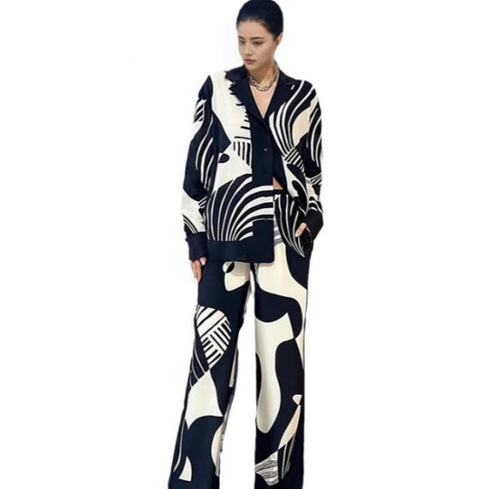 Damen Weitgeschnittenes, florales Langarmhemd und Hose Set EB