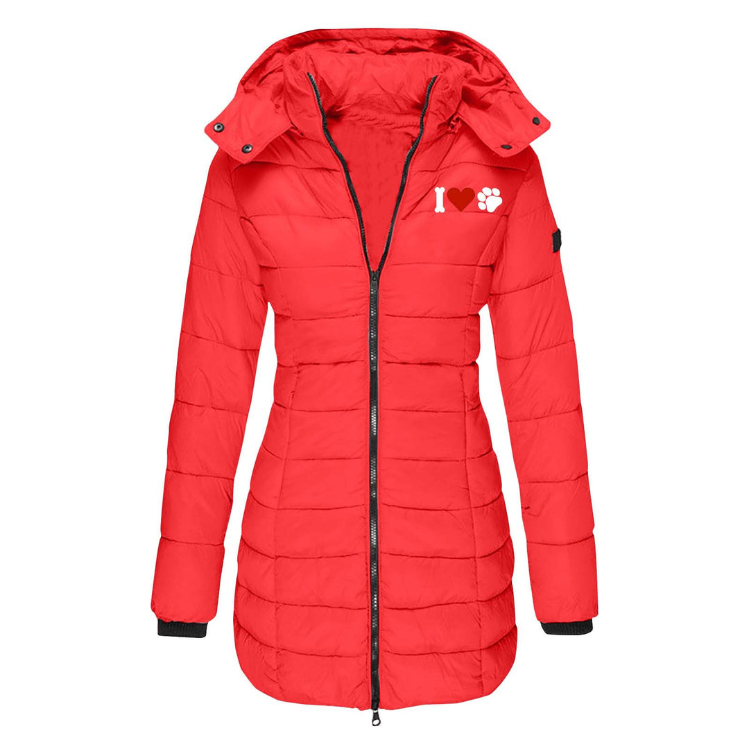 Damen nan gesteppte Steppjacke mit Kapuze, taillierter Silhouette und Herz-Pfoten-Print EB