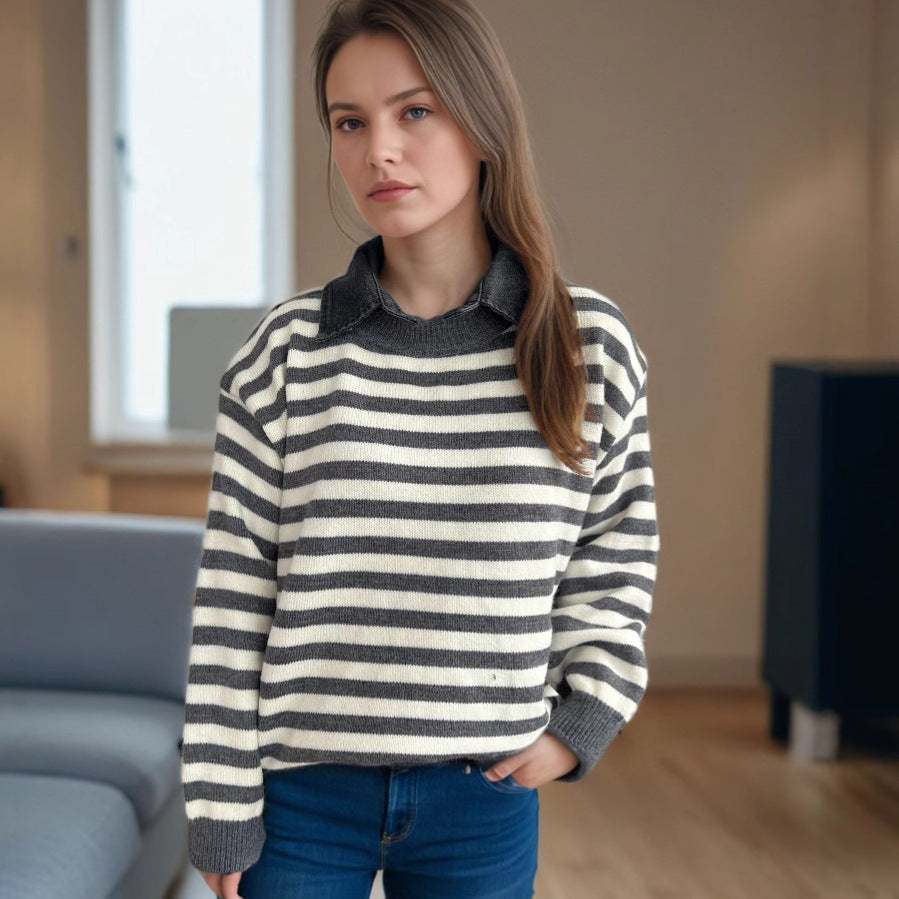 Damen lässiger Pullover mit strukturellem Streifenmuster und modischem Kragen EB