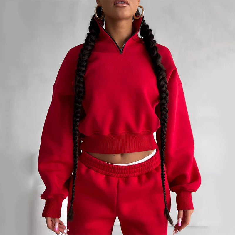 Damen Zweiteiliges Cropped-Halbzip-Sweatset mit Stehkragen und elastischer High-Waist-Jogginghose EB