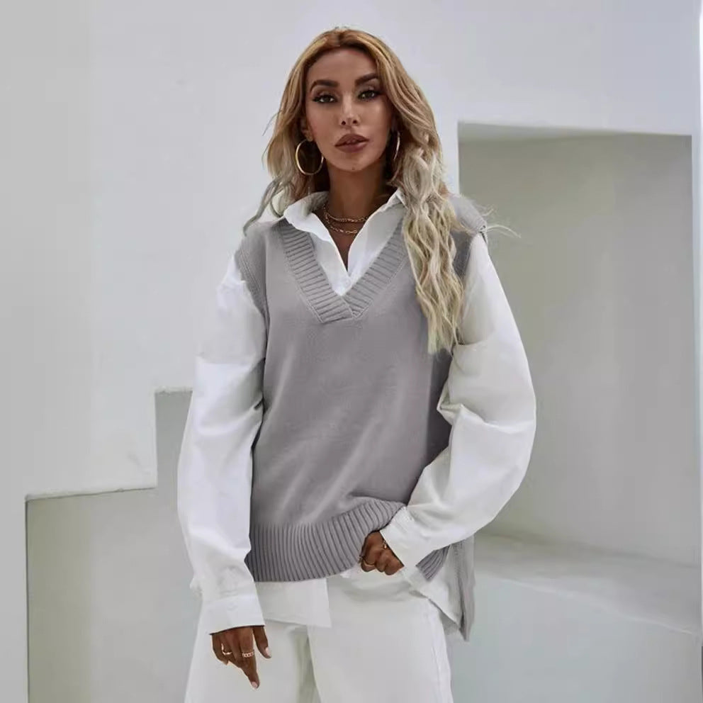 Damen Strickweste mit V-Ausschnitt und feiner Rippenstruktur EB