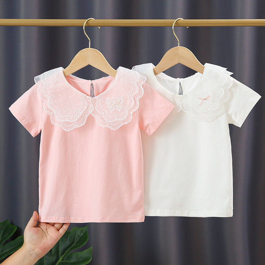 Mädchen T-Shirt mit elegantem Spitzeneinsatz und großem Kragen EB