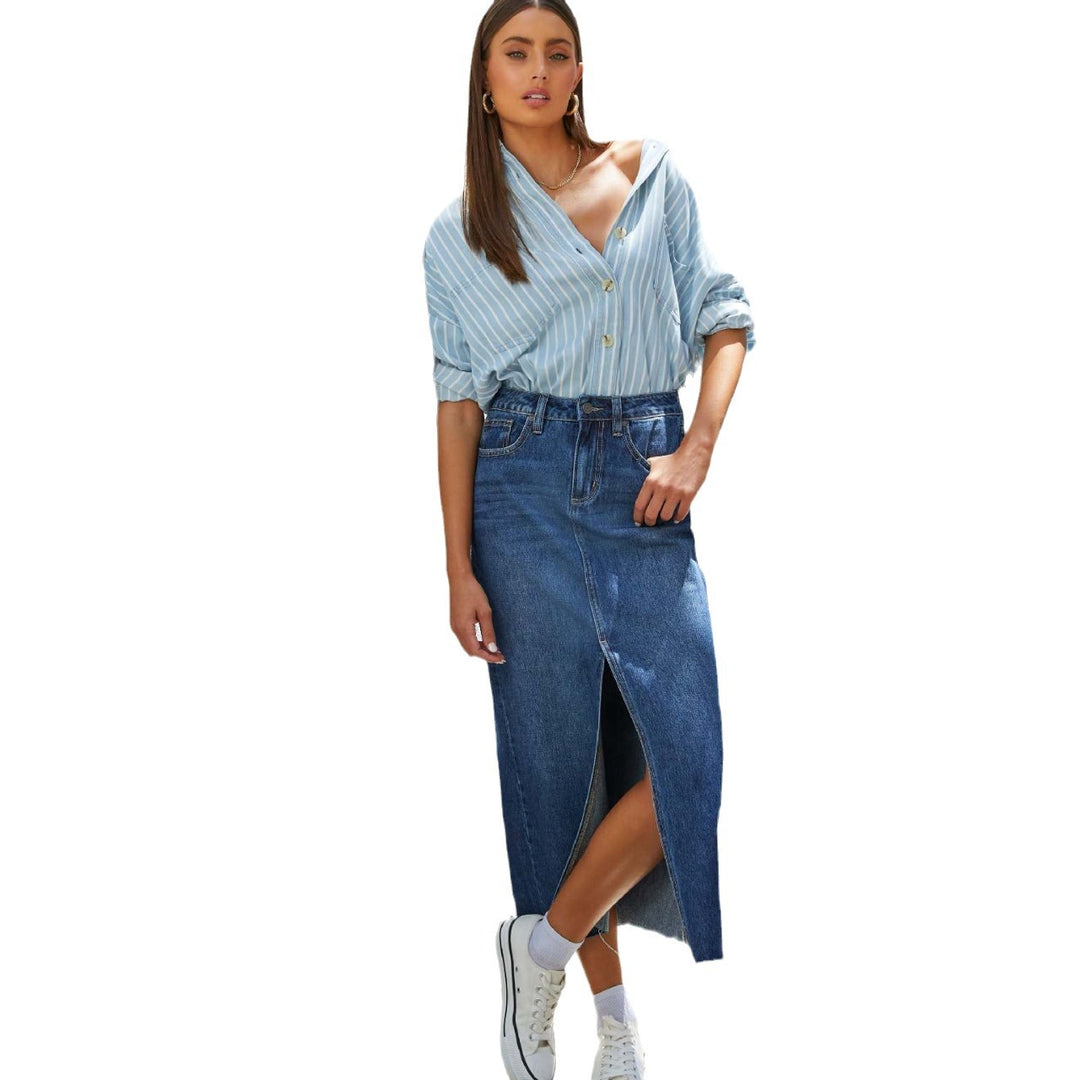 Damen Hoch geschnittene Denim-Midirock mit seitlichem Schlitz und fransigen Säumen EB