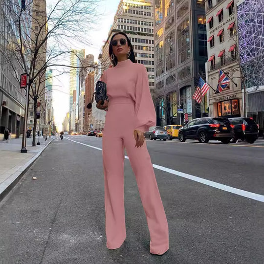 Damen Eleganter Jumpsuit mit weiten Ärmeln und hohem Kragen EB