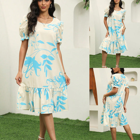 Damen Freizeitkleid mit voluminösen Ärmeln und Rüschensaum EB