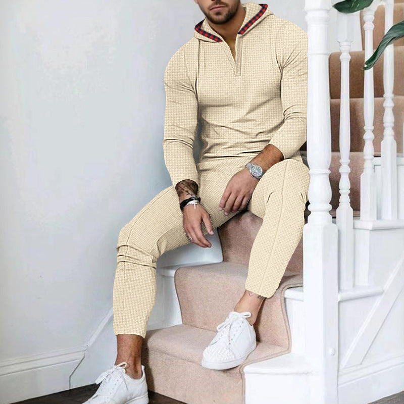 Herren nan Slim-Fit Waffel-Strick Kapuzen-Set mit Halbzip, kontrastgefütterter Kapuze und tapered Jogginghose EB