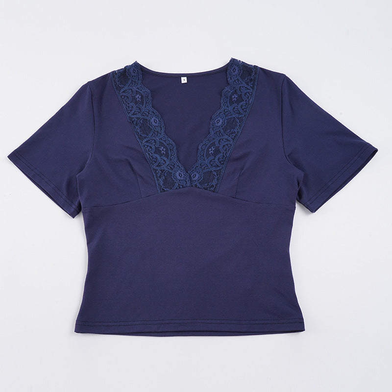Damen Elegantes V-Ausschnitt Shirt mit Spitze EB