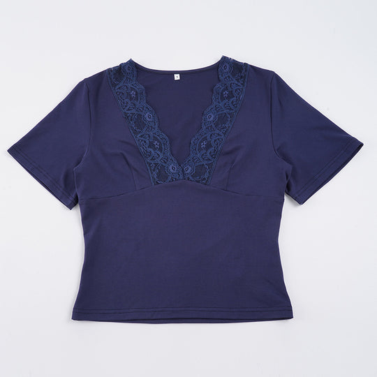 Damen Elegantes V-Ausschnitt Shirt mit Spitze EB