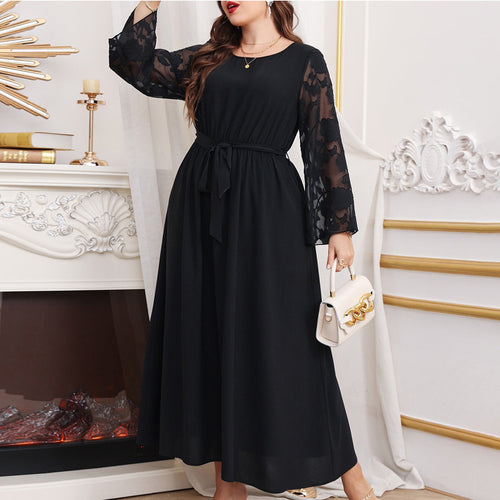 Damen Maxikleid mit transparenten Ärmel und eleganter Taillenbindung EB