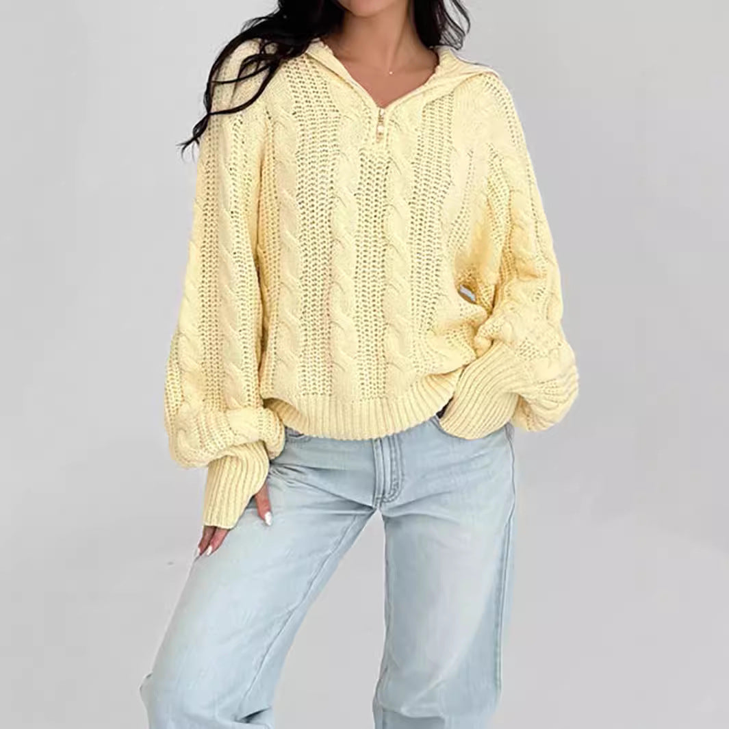 Damen lässiger Strickpullover mit weichem Zopfmuster und praktischer Kapuze EB