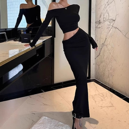 Damen Langarm Maxikleid mit asymmetrischem Design und Rüschendetails EB