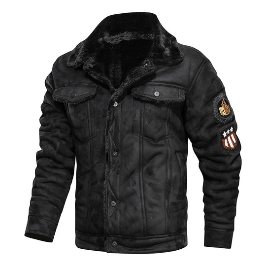 Herren Lammfellimitat Truckerjacke mit Kunstfellfutter und Abzeichen EB