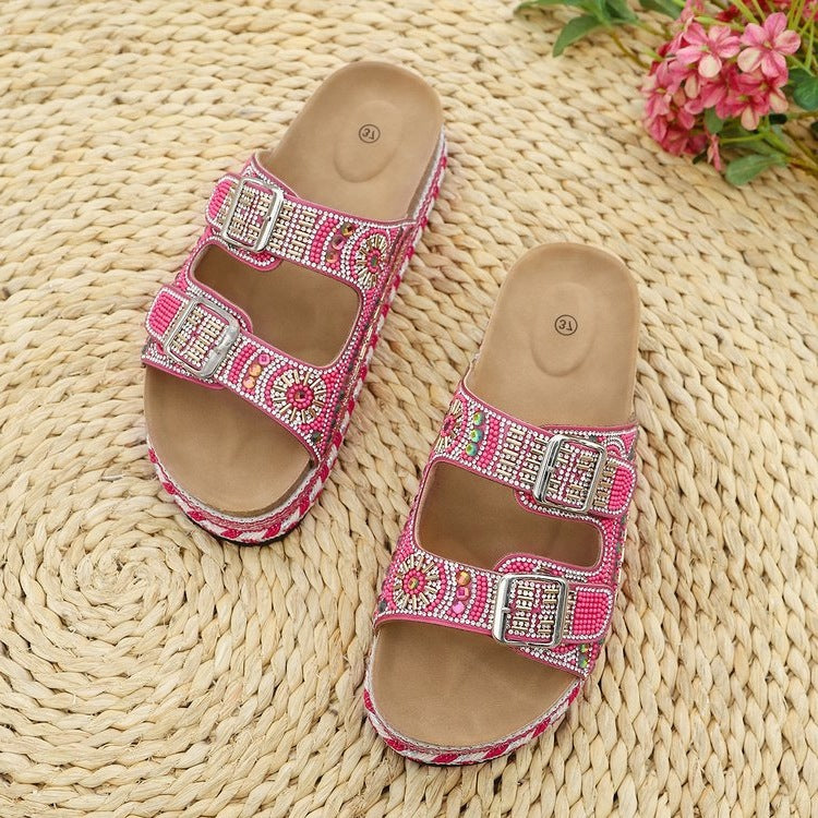 Damen Riemchen-Sandalen mit funkelnden Perlen und verstellbaren Schnallen EB