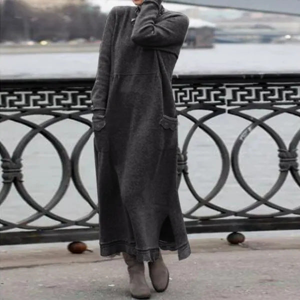 Damen nan langes Strickmaxikleid mit Seitenschlitzen und aufgesetzten Taschen EB