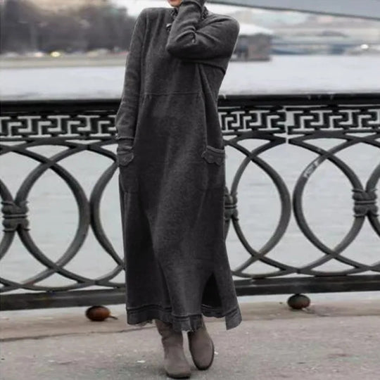 Damen nan langes Strickmaxikleid mit Seitenschlitzen und aufgesetzten Taschen EB