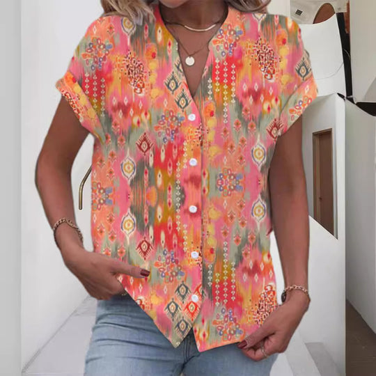 Damen Kurzarmbluse mit kunstvollem Ikat-Design Heidi-Mode
