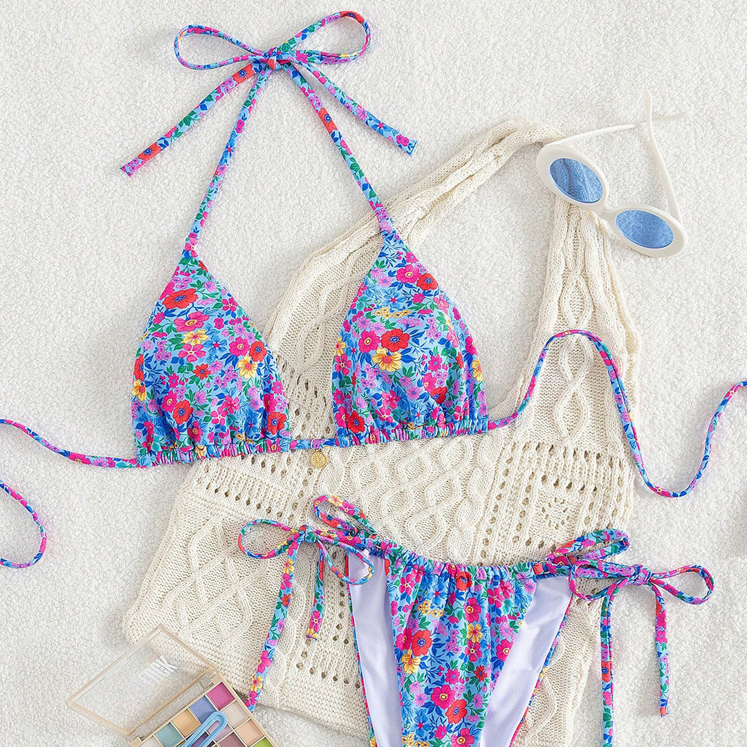 Damen Triangel-Bikini mit floraler Verzierungen und raffinierten Bindedetails EB
