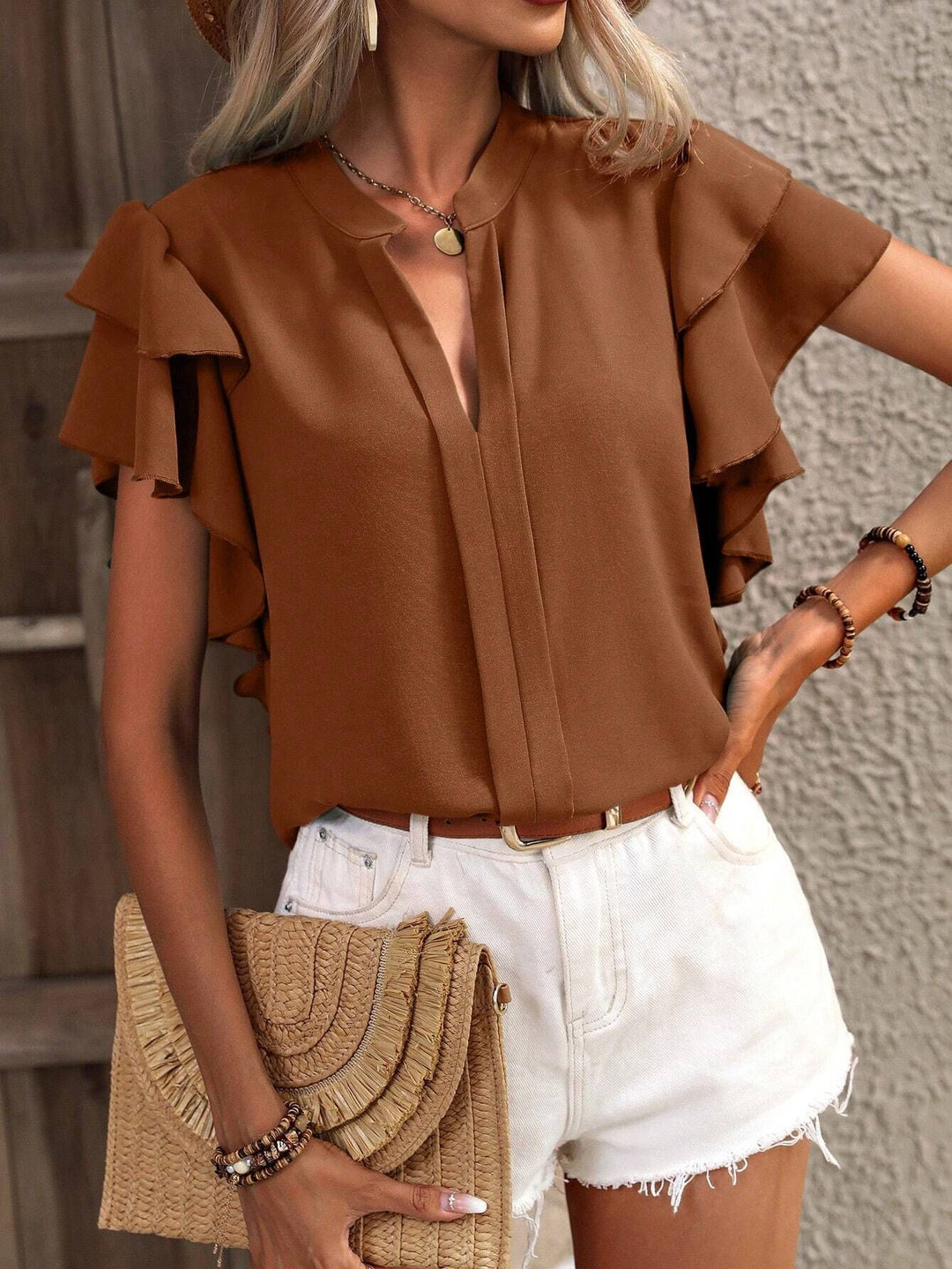 Damen elegante Bluse mit voluminösen Rüschen EB