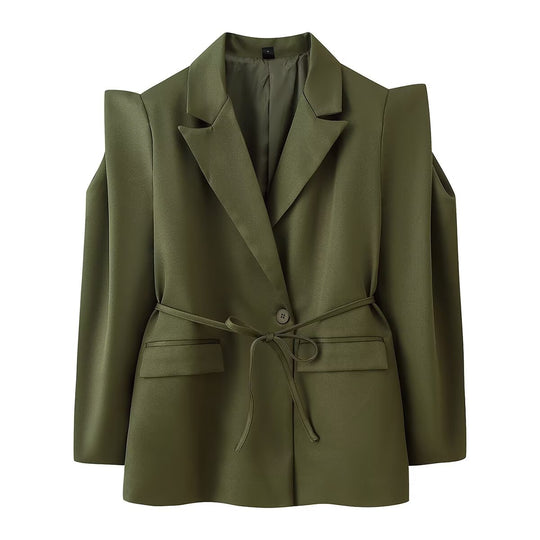 Damen nan taillierter Blazer mit Bindegürtel, Reverskragen und Schulterpolstern EB