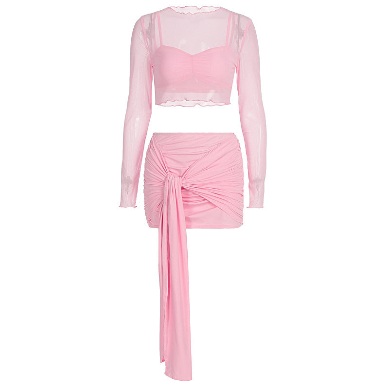 Damen Crop Top und Rock Set mit modischen Raffungselementen EB