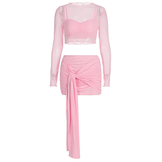 Damen Crop Top und Rock Set mit modischen Raffungselementen EB
