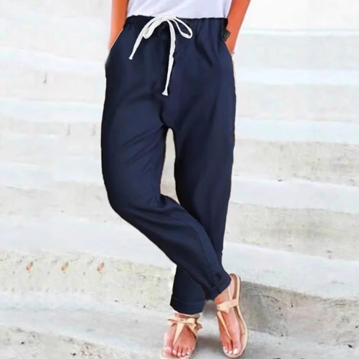 Damen nan lässige Relaxhose mit elastischem Bund, Kordelzug, Eingrifftaschen und umgeschlagenem Saum EB