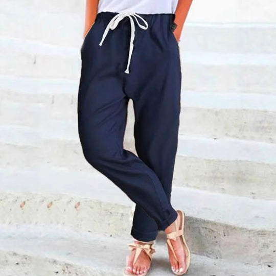 Damen nan lässige Relaxhose mit elastischem Bund, Kordelzug, Eingrifftaschen und umgeschlagenem Saum EB