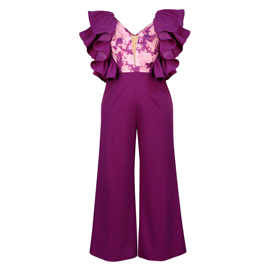 Damen eleganter Jumpsuit mit voluminösen Rüschendetails EB