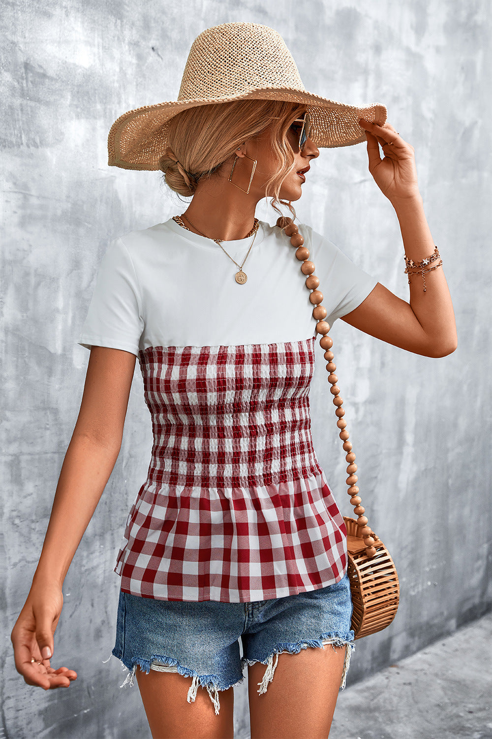 Damen Peplum-Oberteil mit kariertem Stoff und elastischer Taillierung EB