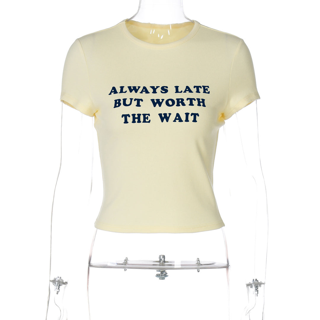 Damen Kurzes Statement T-Shirt mit Rundhalsausschnitt EB