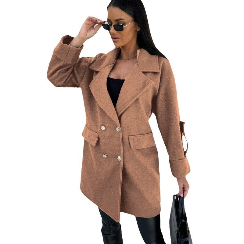 Damen modischer Oversized-Baumwollblazer mit doppelter Knopfleiste und praktischen Taschen EB