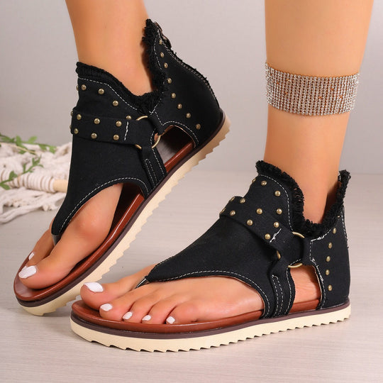 Damen trendige Riemchen-Sandalen mit fransigen Akzenten und Nieten EB